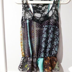 Colourful Sheer Paisley Peplum Tank Top with Cinched Waist- XS
